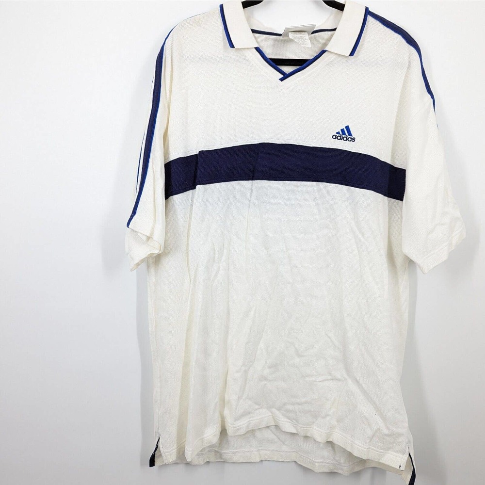 VTG Adidas men SZ XXL White Navy Blue Collared Casual Three Striped Short Polo